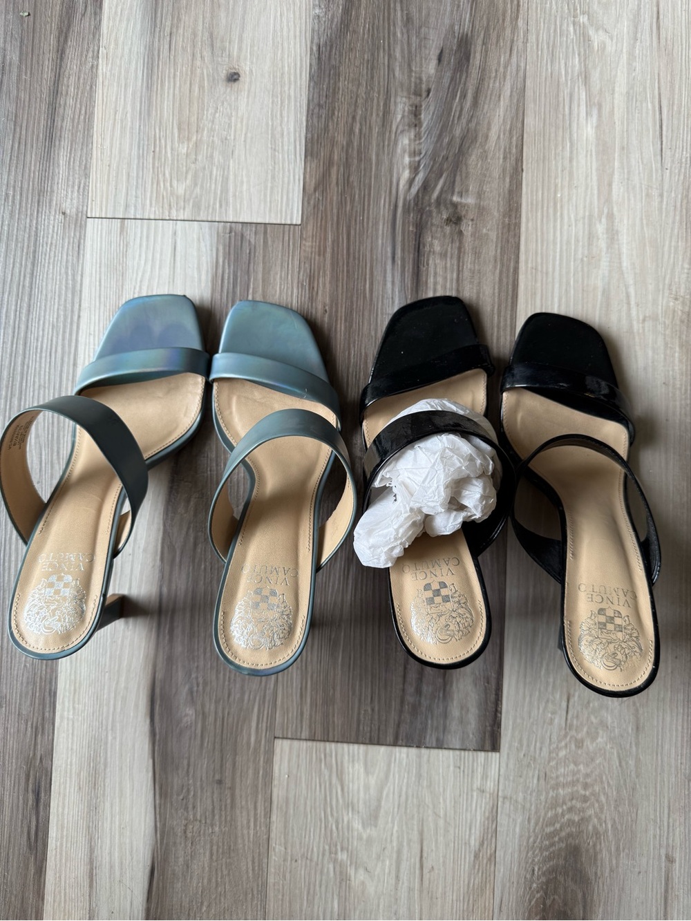 Vince Camuto Square-Toe Slingback Heels in Black and Blue-Green